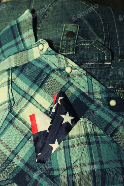 Preview: Plaid Fabric and Denim with Small American Flag