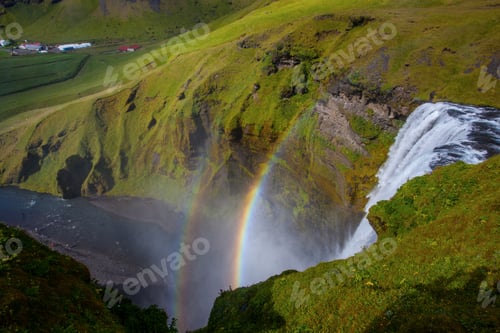 Preview: Skogafoss Waterfall And Raibow In Sunny Day In Iceland