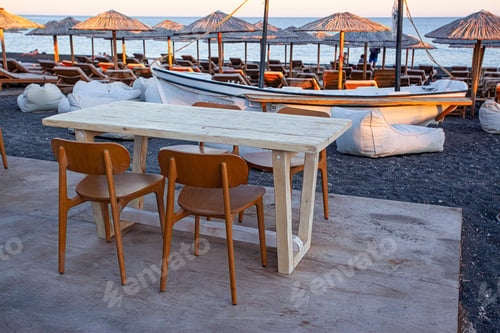 Preview: Tables Near The Perissa Beach In Cafe, Santorini Island, Greece