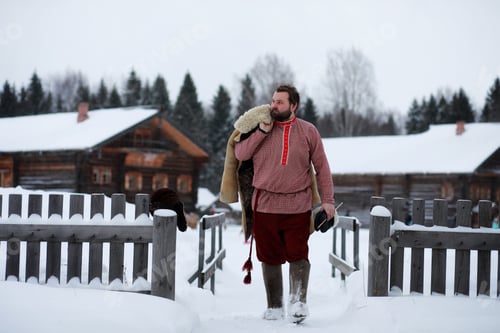 Preview: Beard Man In Traditional Winter Costume Of Peasant Medieval Age In Russia