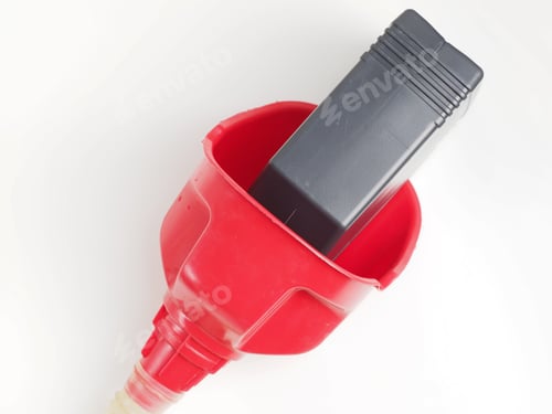 Preview: Red Funnel And Gray Plastic Bottle Motor Oil.