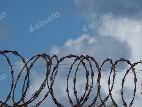 Preview: Barbed Wire On The Fence. Blue Sky Background