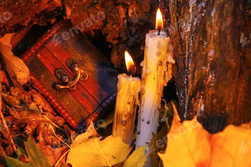 Preview: Beautiful Natural Decor For Autumnal Holiday, Old Dry Maple Leaves, Warm Candle Light