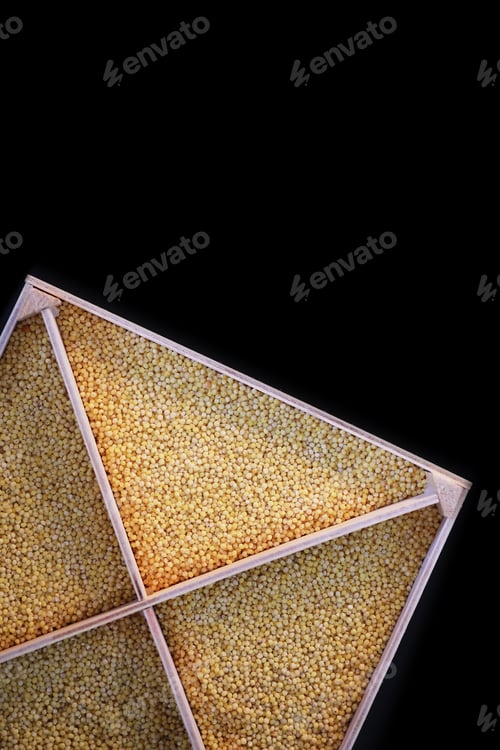 Preview: A Set Of Grain Cereals. Rice, Buckwheat And Millet Groats In Wooden Tray. A Grocery Set Of Cereals