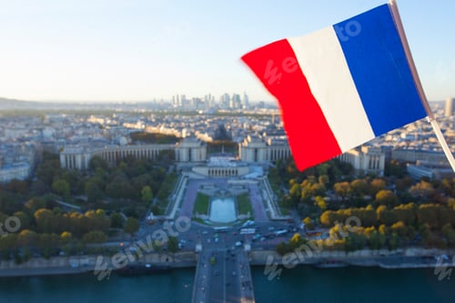 Preview: The Flag Of France Over The Paris City Top View From Eiffel Tower At Sunset Time