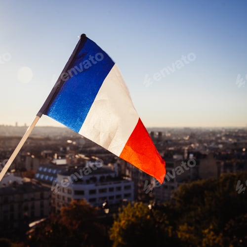 Preview: The Flag Of France On Background Of The View Of Paris From Sacre Coeur Basilica In France In Sunset