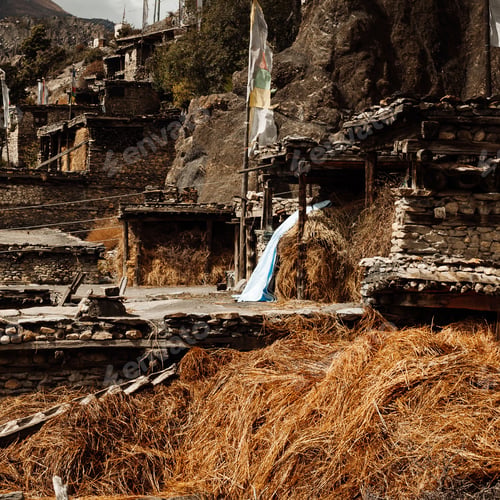 Preview: Traditional Stone Build Village Of Manang. Mountains In The Background. Annapurna Region, Nepal.