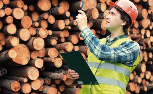 Preview: Worker In Helmet Counts Wood Lumber
