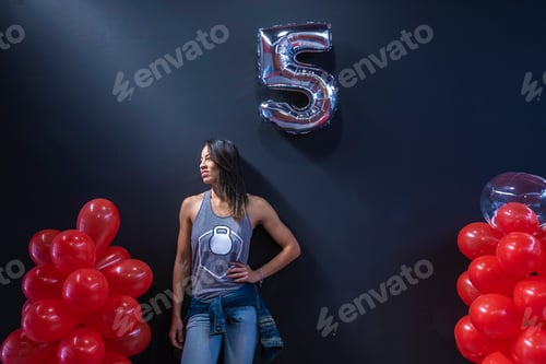 Preview: Black Background With Red Balloons And A Beautiful Girl