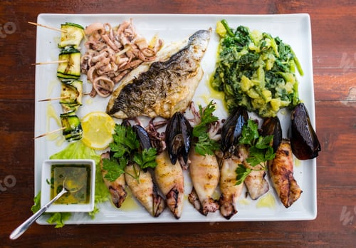 Preview: Seafood Plate. Fish Restaurant. Mediterranean Kitchen. Squids, Mussels And Octopus With Grilled