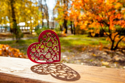 Preview: The Red Wooden Heart On The Bright Sunny Yellow Autumn Park Background