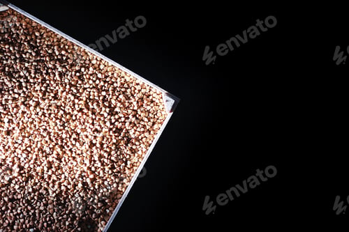 Preview: A Set Of Grain Cereals. Rice, Buckwheat And Millet Groats In Wooden Tray. A Grocery Set Of Cereals