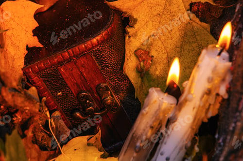 Preview: Beautiful Natural Decor For Autumnal Holiday, Old Dry Maple Leaves, Warm Candle Light