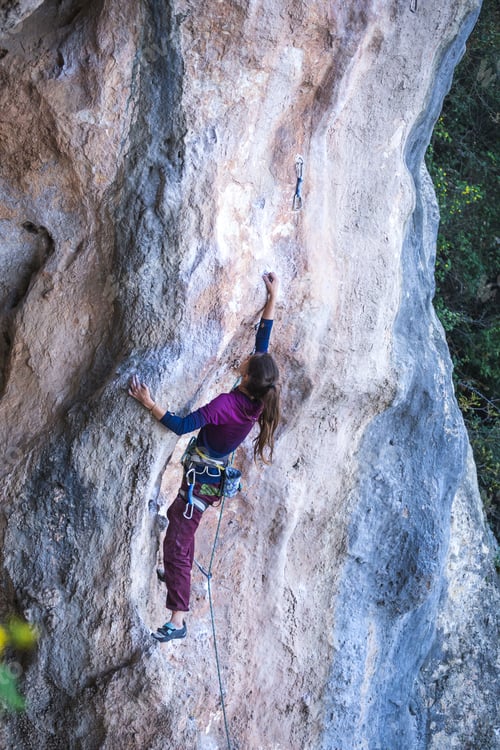 Preview: A Girl Climbs A Rock On The Background Of The Forest, The Athlete Trains In Nature, Woman Overcomes