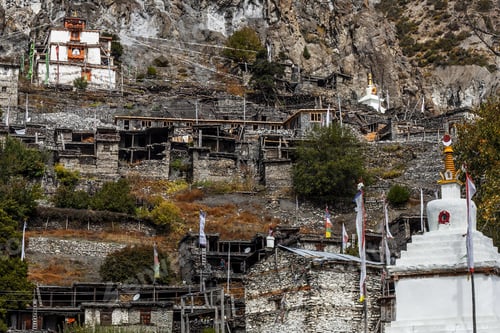 Preview: Traditional Stone Build Village Of Manang. Mountains In The Background. Annapurna Region, Nepal.