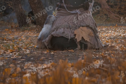 Preview: Beautiful Woman Dressed Boho Style Sitting On The Autumn Leaves