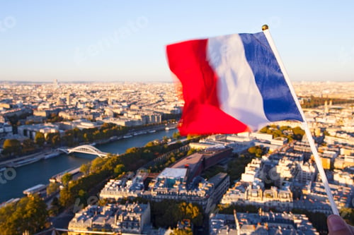 Preview: The Flag Of France Over The Paris City Top View From Eiffel Tower At Sunset Time