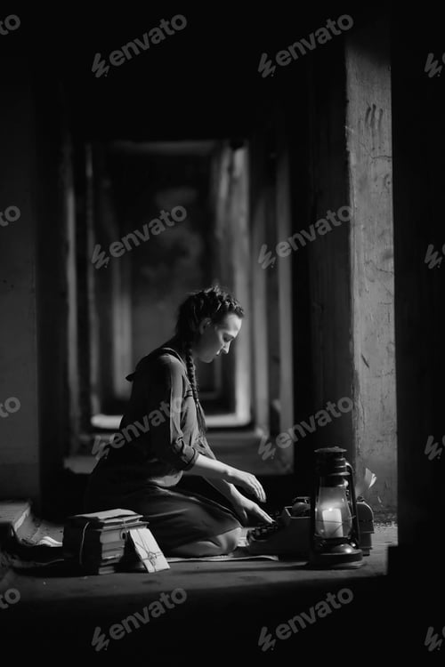 Preview: Retro Girl In The Old House Reading Books And Writing A Story