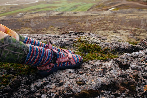 Preview: Legs In Socks With Beautiful Ornament , On The Iceland Nature And Moss