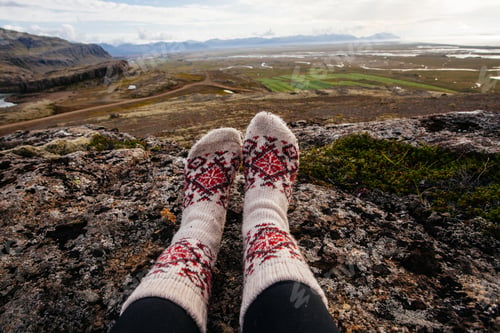 Preview: Legs In Socks With Beautiful Ornament , On The Iceland Nature And Moss