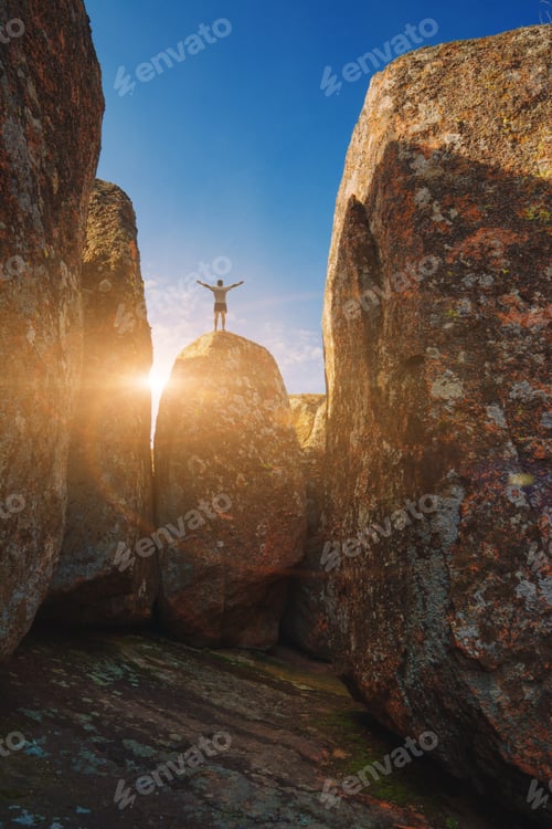 Preview: Man With Raised Hands Standing On A Big Stone In A Deep Canyon.