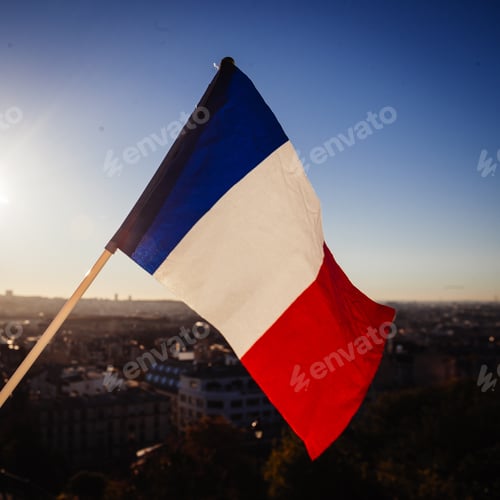 Preview: The Flag Of France On Background Of The View Of Paris From Sacre Coeur Basilica In France In Sunset