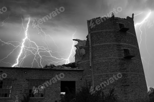 Preview: Brave Girl Sitting On Top Of Abandoned Building During Summer Storm And Watching Sky Full Of