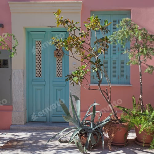Preview: Beautiful Bright Houses And Flowerpots In Athens, Greese