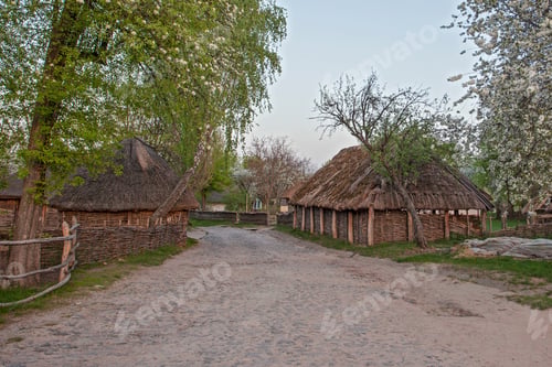 Preview: Wooden Houses In Colored Trees Taken In Park In Autumn In Pirogovo Museum, Kiev, Ukraine