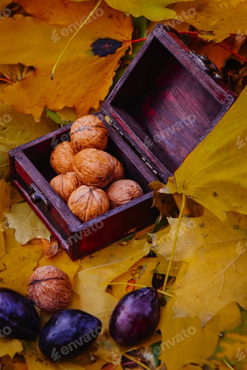 Preview: Autumn Border From Walnuts And Maple Leaves On Wood