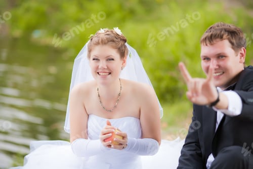 Preview: Bride And Groom At Wedding Day Walking Outdoors On Spring Nature. Bridal Couple, Happy Newlywed