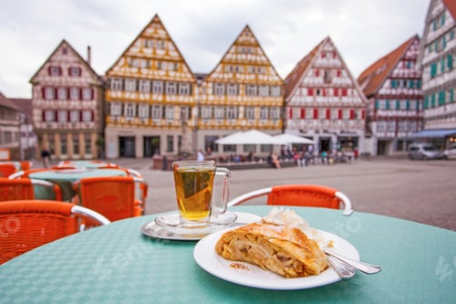 Preview: Tea With Apple Strudel In Street Cafe, Herrenberg, Germany
