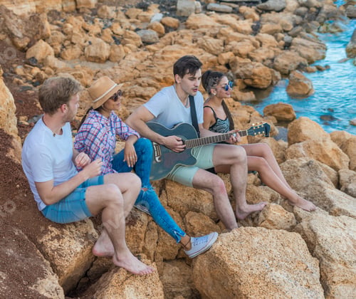Preview: Group Of Young And Cheerful Friends Sitting On Stones On Beach. One Man Is Playing Guitar. Wild