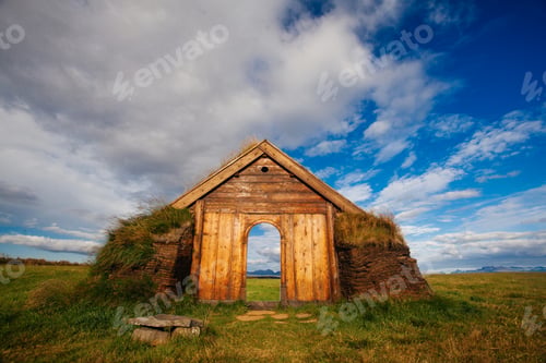 Preview: Traditional House In Iceland. Sky In The Door, Conceptual