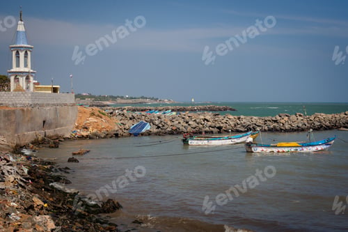 Preview: Fishing Harbor With Large Church In Background, Laccadive Sea, Kanyakumari, Tamil Nadu, India