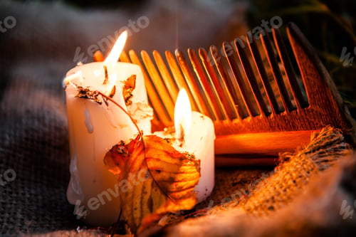 Preview: Beautiful Natural Decor For Autumnal Holiday, Old Dry Maple Leaves, Pine Cones, Warm Candle Light