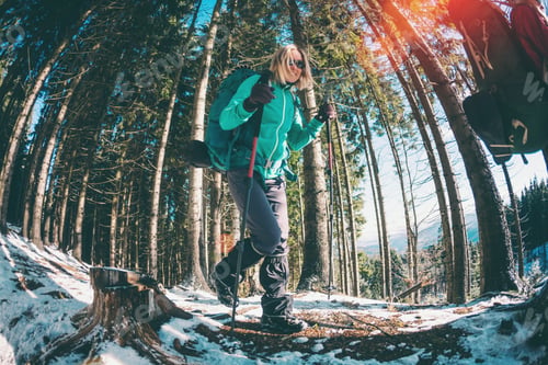 Preview: Two Travelers Close Up. Girlfriends Are In The Winter Forest. Two Women With Backpacks And Trekking