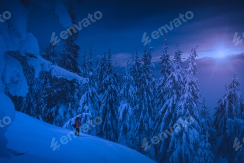 Preview: Man With The Camera Take A Picture Of Night Winter Valley. The Full Moon Rising On A Horizon.