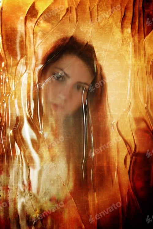 Preview: Scratched Dirty Effect On Photo Girl Face Behind Dirty Glass