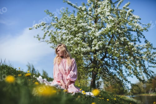 Preview: Beautiful Girl In Dress Sitting Under The Apple Blossom