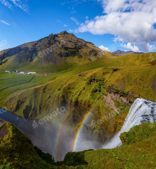 Preview: Skogafoss Waterfall And Raibow In Sunny Day In Iceland