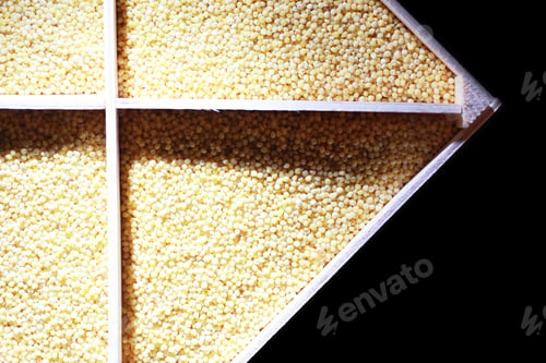 Preview: A Set Of Grain Cereals. Rice, Buckwheat And Millet Groats In Wooden Tray. A Grocery Set Of Cereals