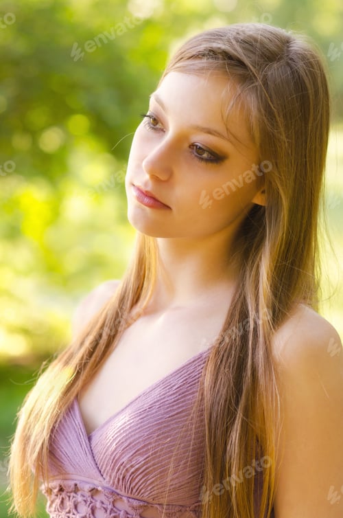 Preview: Portrait Of Beautiful Girl Walking In Nature On Sunny Spring Day