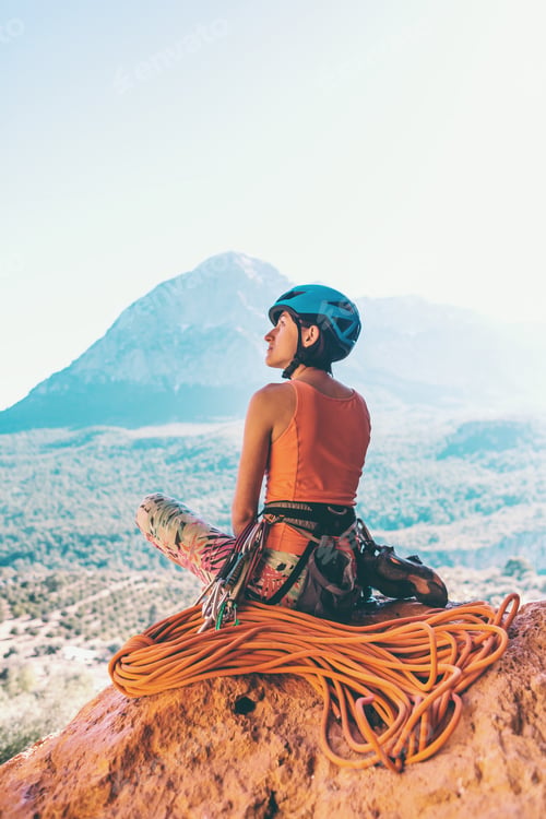 Preview: Climber Sits Near The Rope And Prepares To Overcome The Route. Slender Girl Holds Climbing