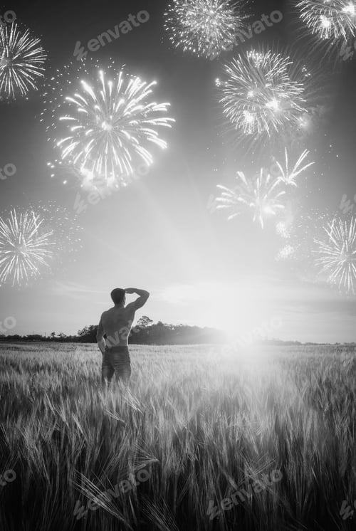 Preview: Man Who Enjoy Holiday Firework In A Wheat Field At Sunset Light. Black And White