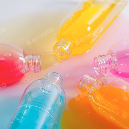 Preview: Spilled Bottles Of Colorful Shampoo, On White