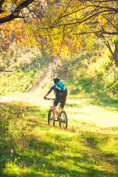 Preview: The Girl With A Backpack Rides A Bike In The Autumn Park. Slender Woman Trains In Nature. Sports In