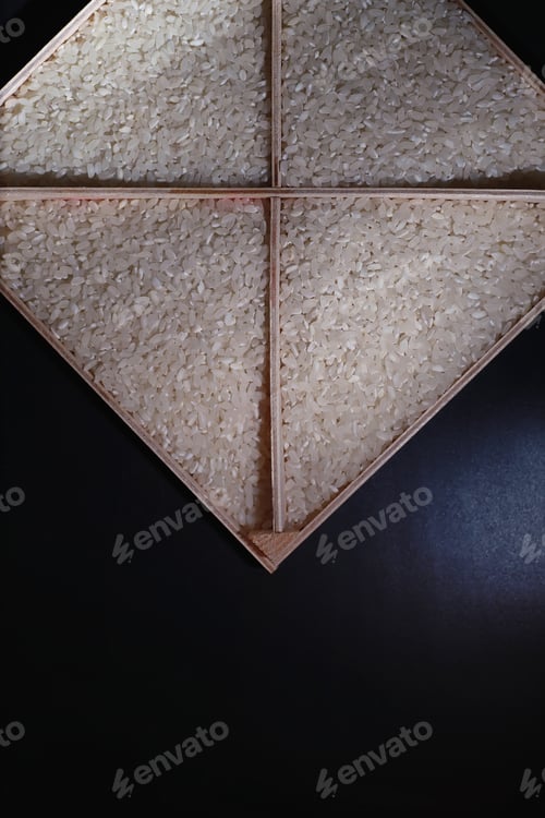 Preview: A Set Of Grain Cereals. Rice, Buckwheat And Millet Groats In Wooden Tray. A Grocery Set Of Cereals