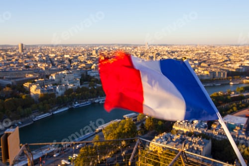 Preview: The Flag Of France Over The Paris City Top View From Eiffel Tower At Sunset Time