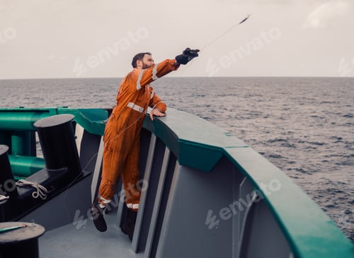 Preview: The Fisherman Throws A Hook On A Ship For Catching Tuna Fish. Fishing At Sea. He Holds Fishing Line